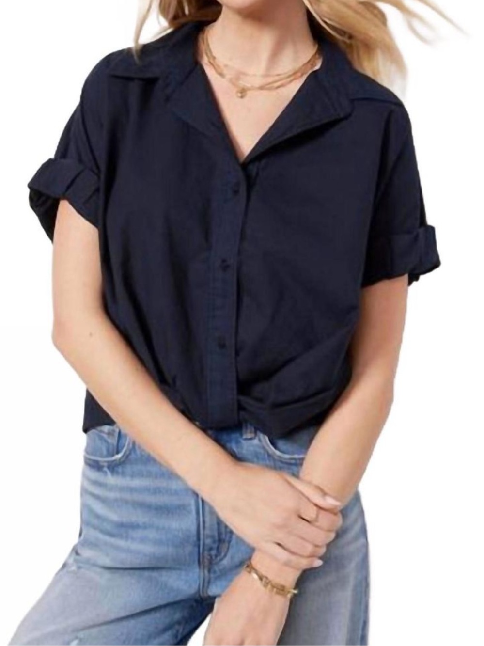 Stateside Voile Navy Twist Front Short Sleeve Button Down Shirt